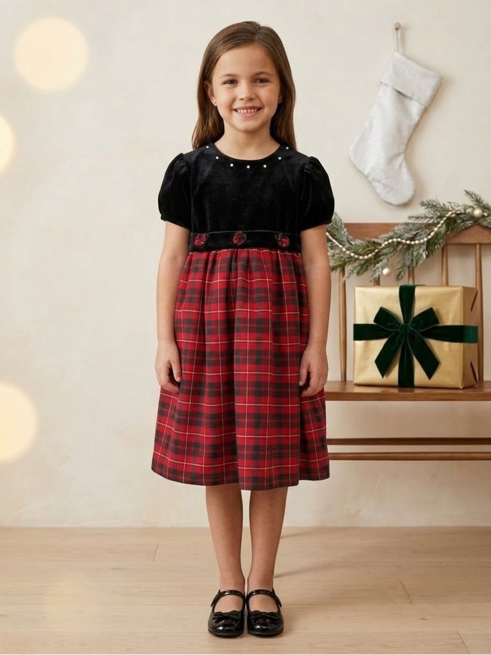 ⁠Vintage Little Bitty Girls 6X Tartan Plaid Velvet Holiday Dress Pearl Y2K⁠
